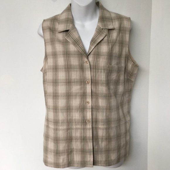 Vtg 2 Piece Set M Beige & Green Plaid Check - Picture 7 of 10